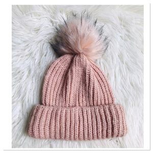 Topshop Knit Beanie With Faux Fur Pom Pom Light Pink Adult One Size